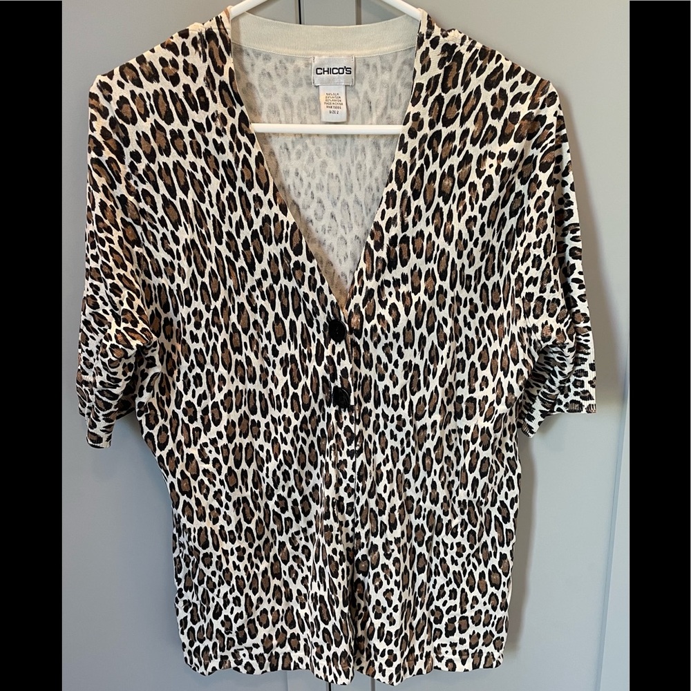 Chico’s Above Shoulder Sleeve Leopard Cardigan with 2 Buttons.